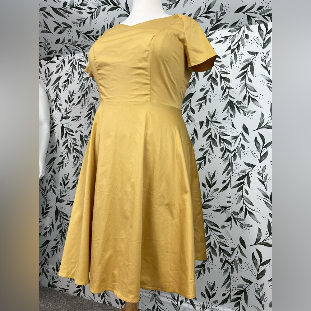 Yellow Retro Vintage Style Midi Dress Size XL Cotton Elegant Classic Cocktail #E - Picture 7 of 14